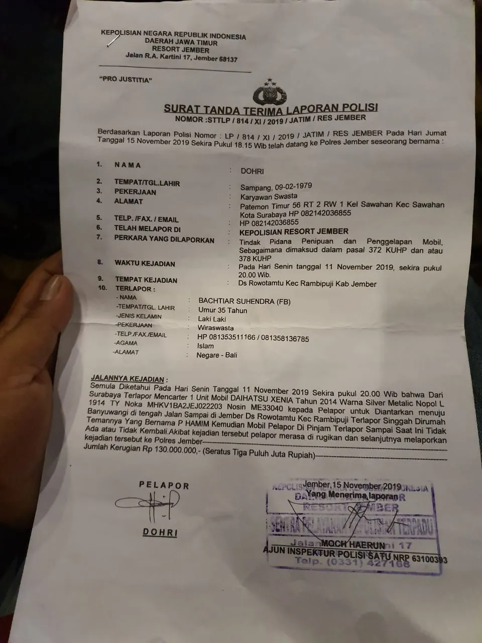 Mobil Digelapkan, Pemilik Lapor Polres Jember