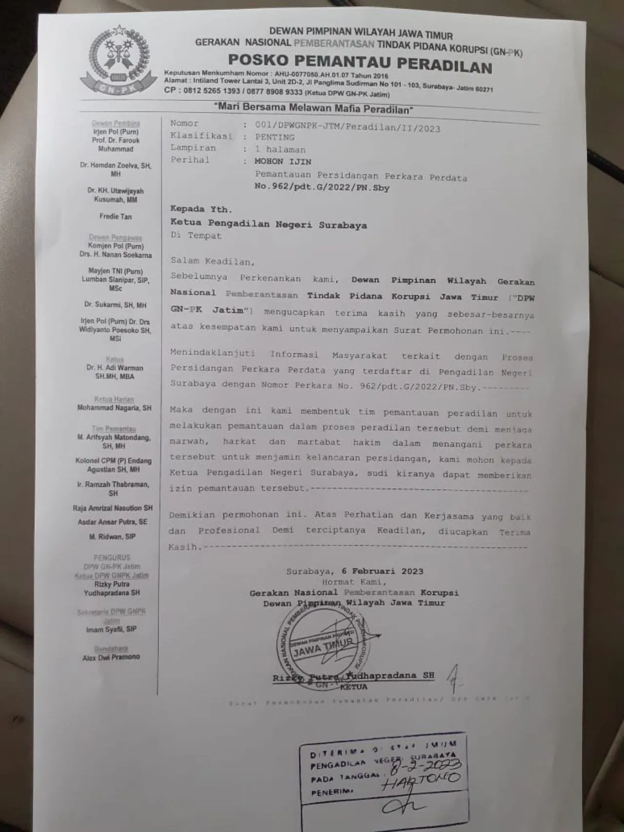 GNPK Jatim Surati Ketua PN Surabaya Terkait Dugaan Mafia Pasar Semolowaru di Gugatan KSDR