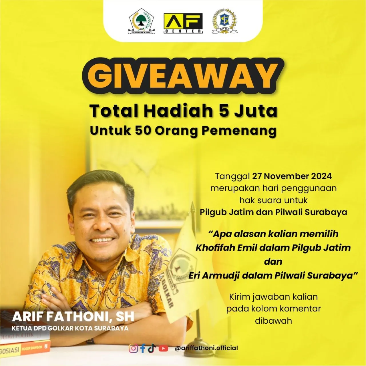 Upaya Kenalkan Paslon yang Diusungnya, Golkar Surabaya Gelar Giveaway di Medsos