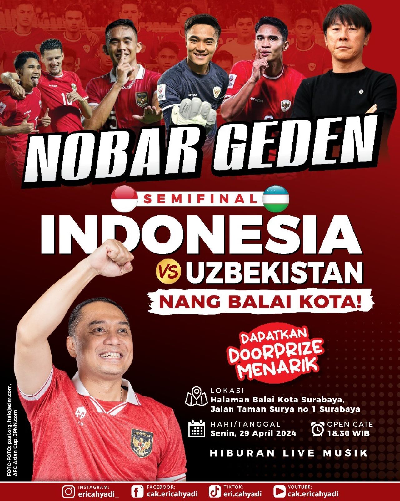 Dukung Timnas U-23, Wali Kota Eri Cahyadi Gelar Nobar di Balai Kota Surabaya